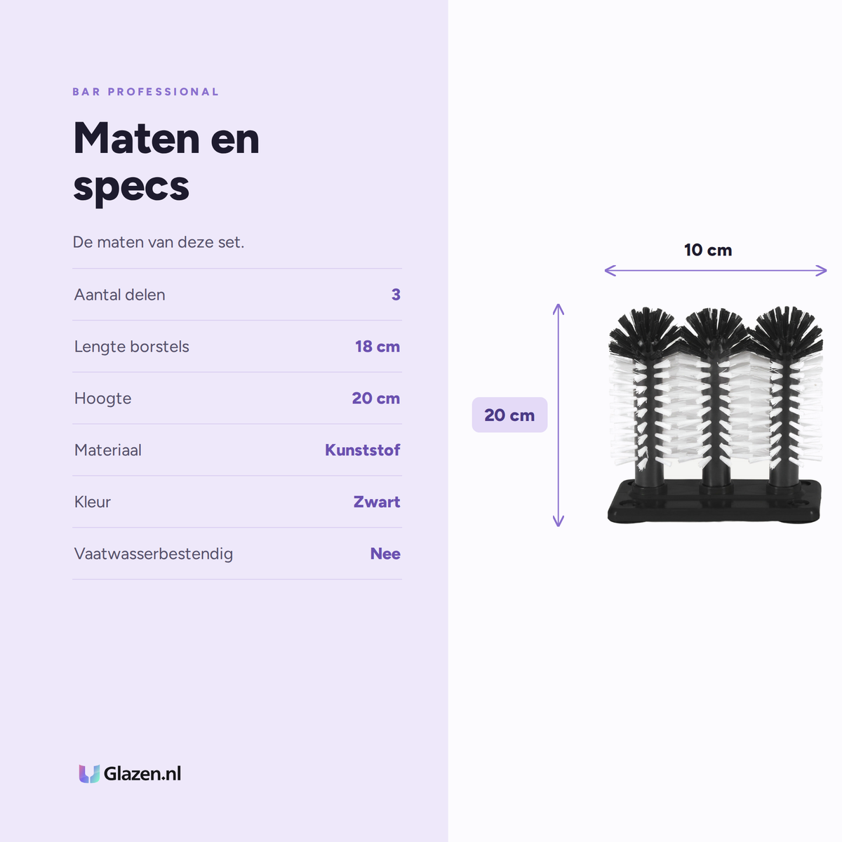 Maten en specificaties van Bar Professional Glazenborstel Set 3-Delig 18 cm
