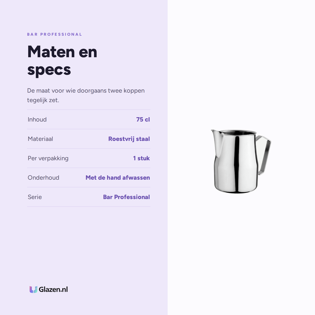 Infographic met de maten en specificaties van de Bar Professional Melkkan RVS 75 Cl