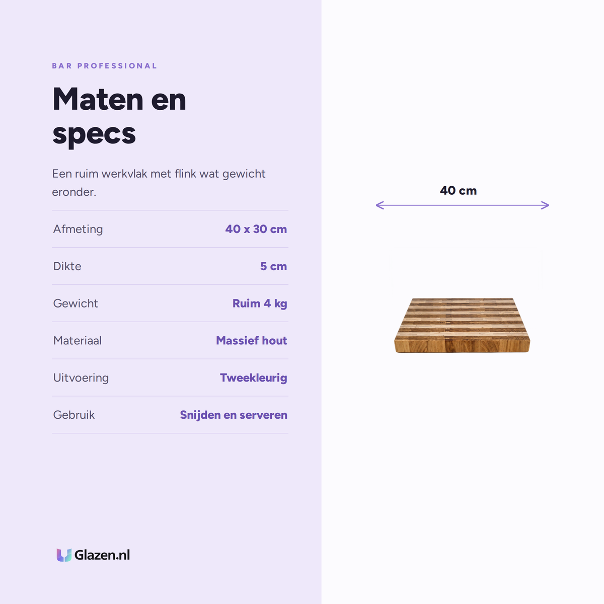 Maten en specificaties van de Bar Professional houten snijplank 40 bij 30 cm
