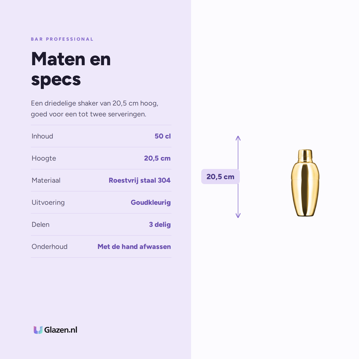 Infographic met de maten en specificaties van de Bar Professional Speakeasy Cobbler Shaker Goud 50 Cl