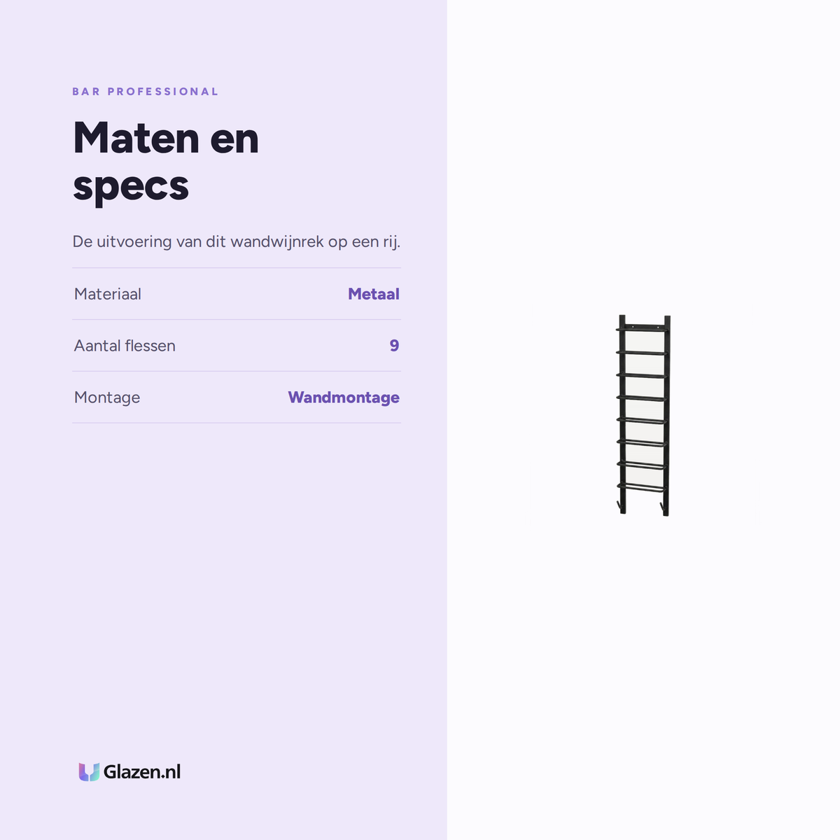 Maten en specificaties van Bar Professional Wandwijnrek 9 Flessen Metaal