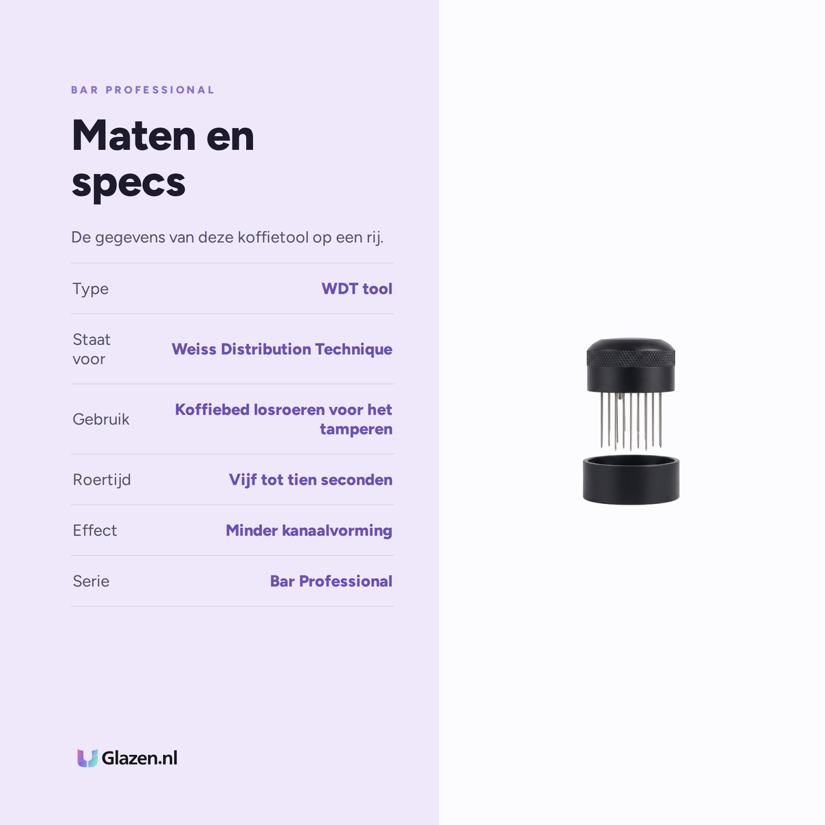 Maten en specificaties van de Bar Professional WDT koffietool