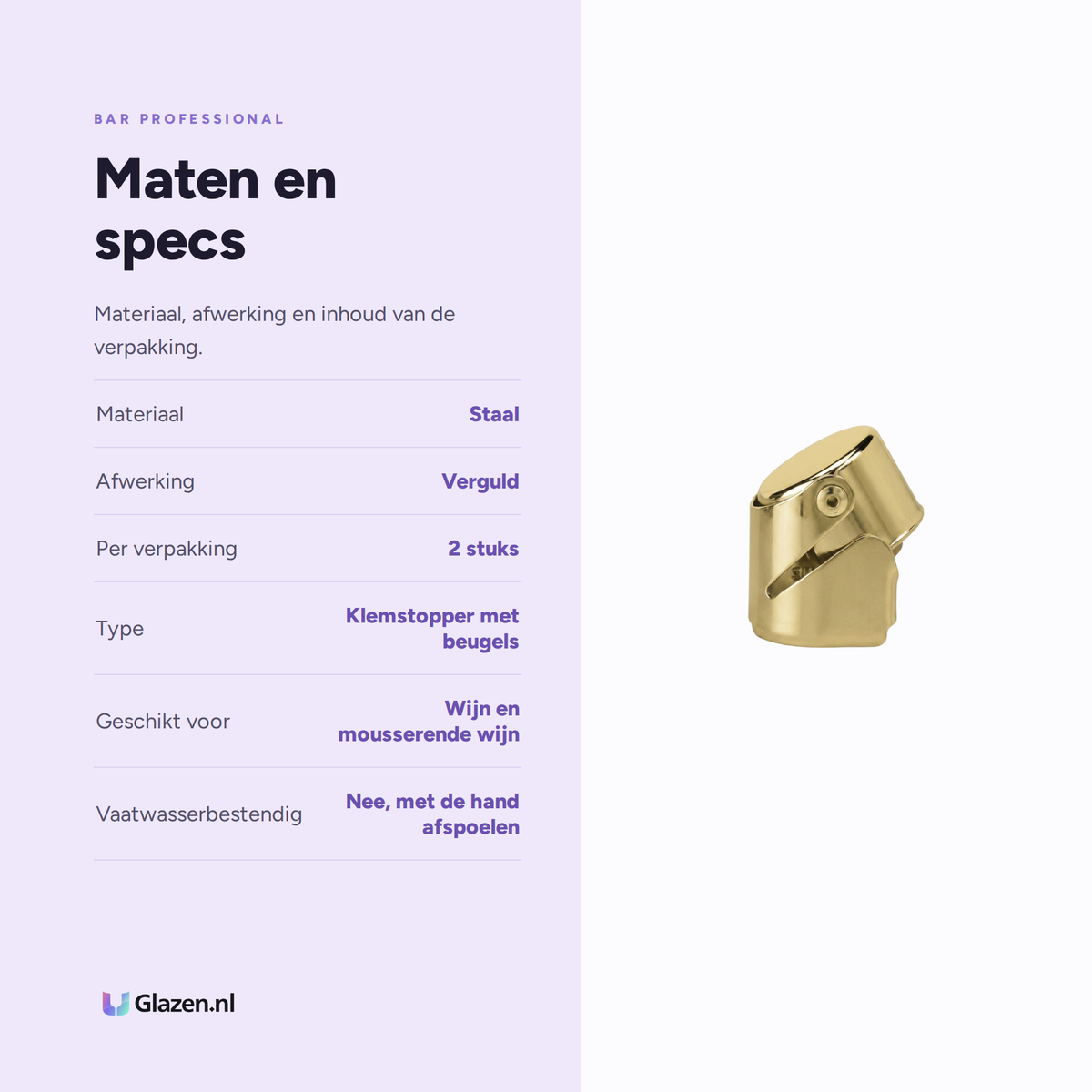 Maten en specs van Bar Professional Wijn- & Champagnestopper Goud - 2 Stuks