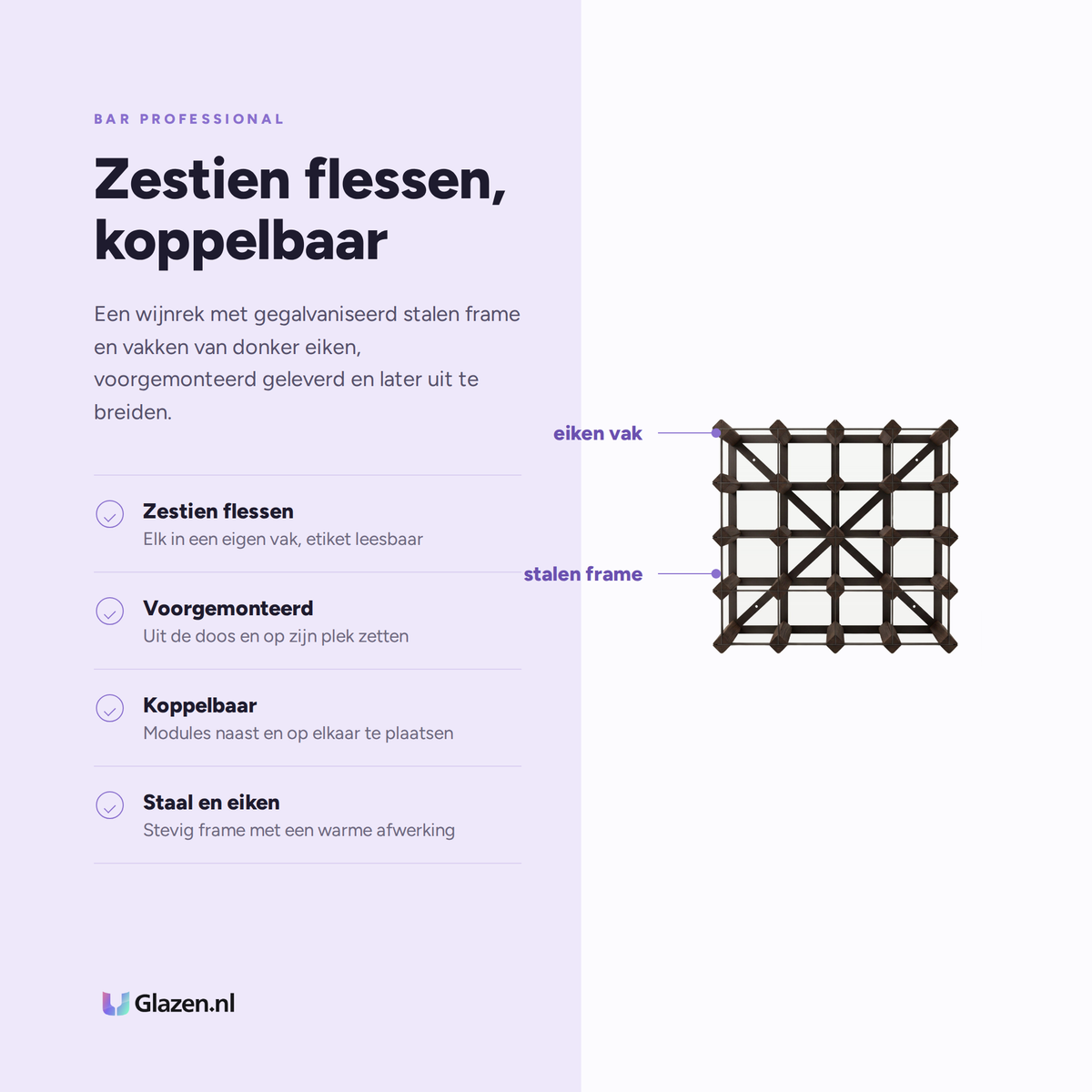 Eigenschappen van het wijnrek voor zestien flessen in donker eiken van Bar Professional
