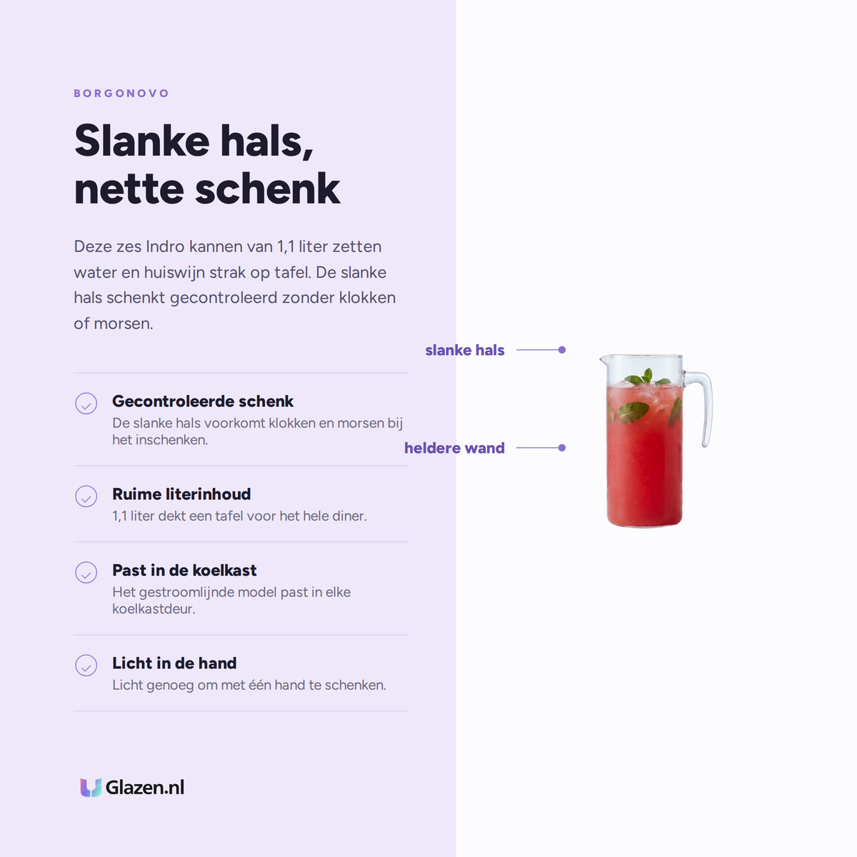 Infographic met de eigenschappen van Borgonovo Kan Indro 1,1 Liter - 6 Stuks