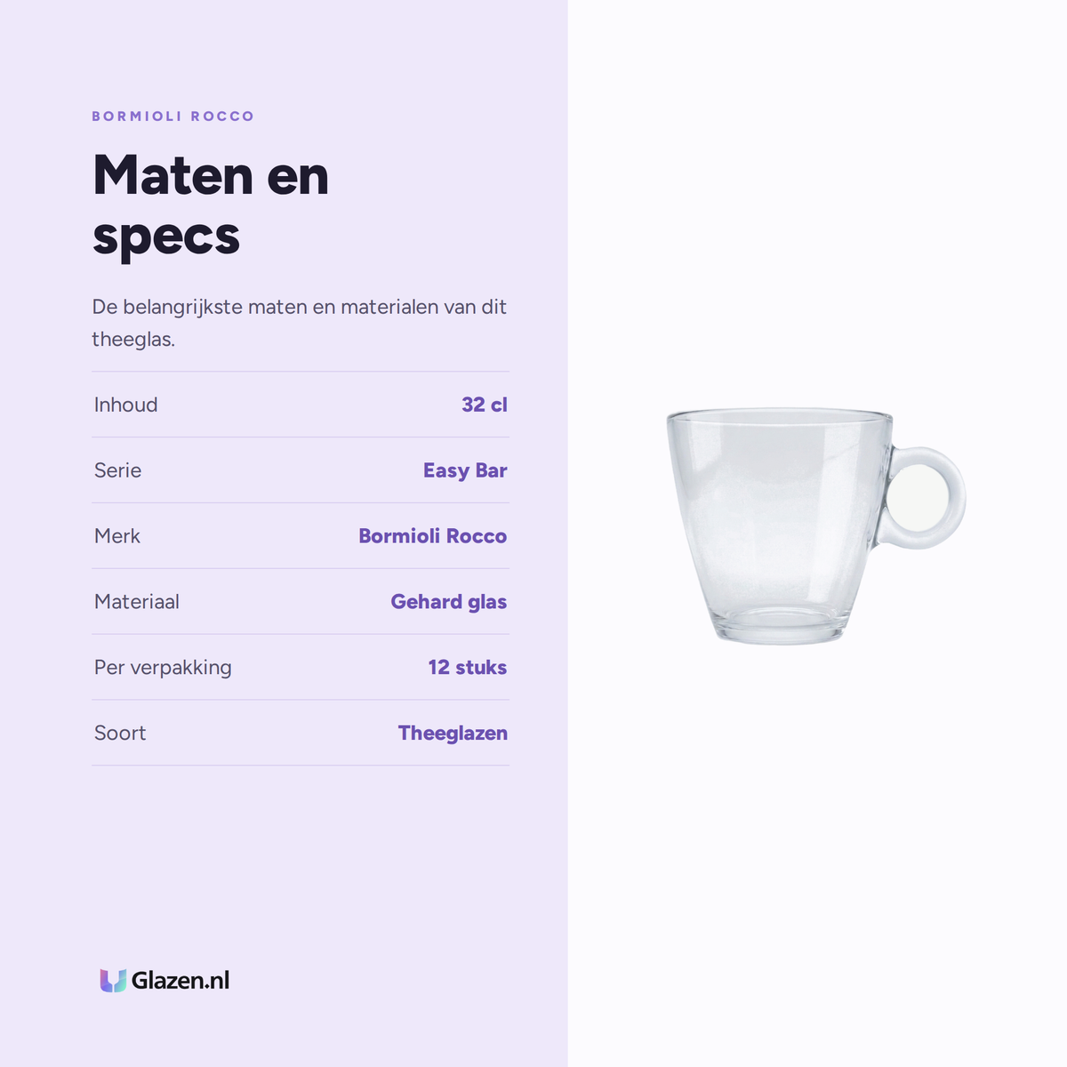 Infographic met de maten en specificaties van Bormioli Rocco Easy Bar Theeglas 32 Cl - 12 Stuks