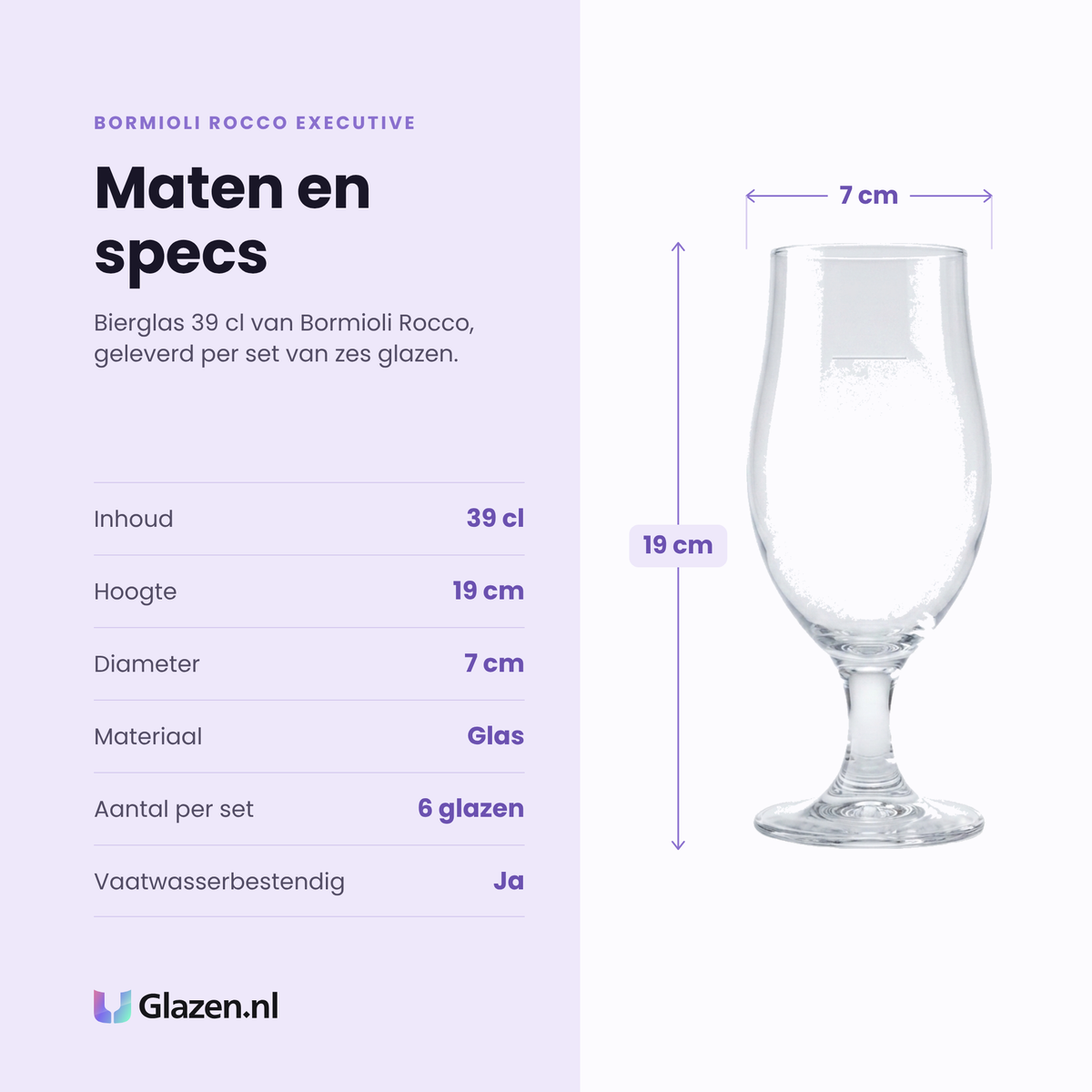 Bormioli Rocco Executive bierglas 39 cl specificaties: inhoud 39 cl, hoogte 19 cm, diameter 7 cm, glas, set van 6