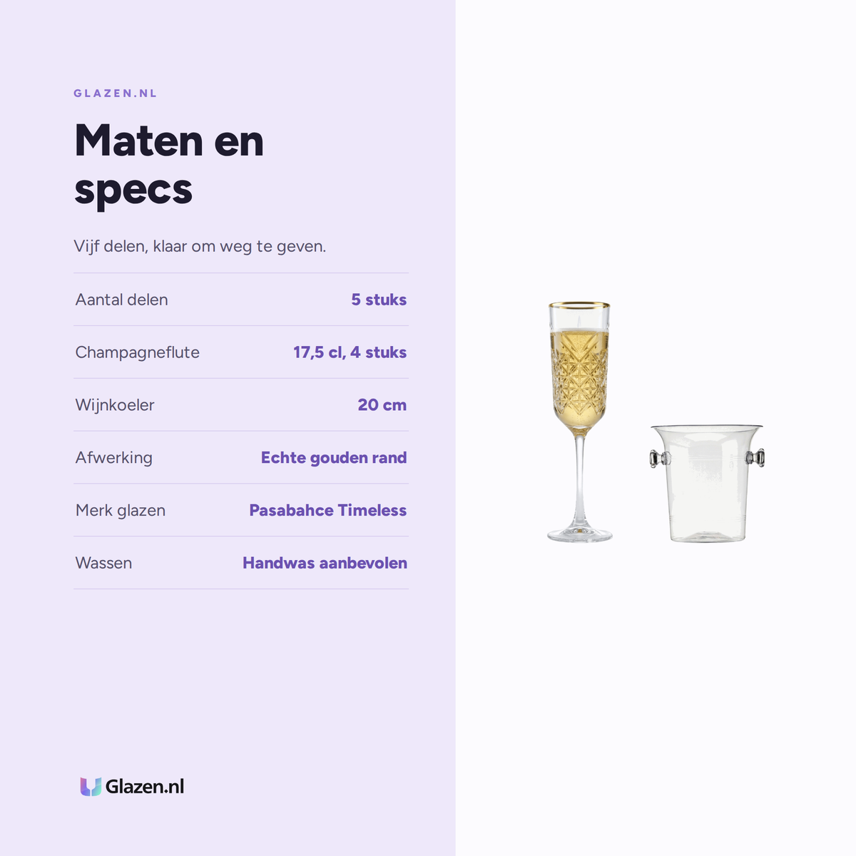 Maten en specificaties van de Cadeaubox Bubbels 5-Delig (4 Flutes met Gouden Rand & Wijnkoeler)