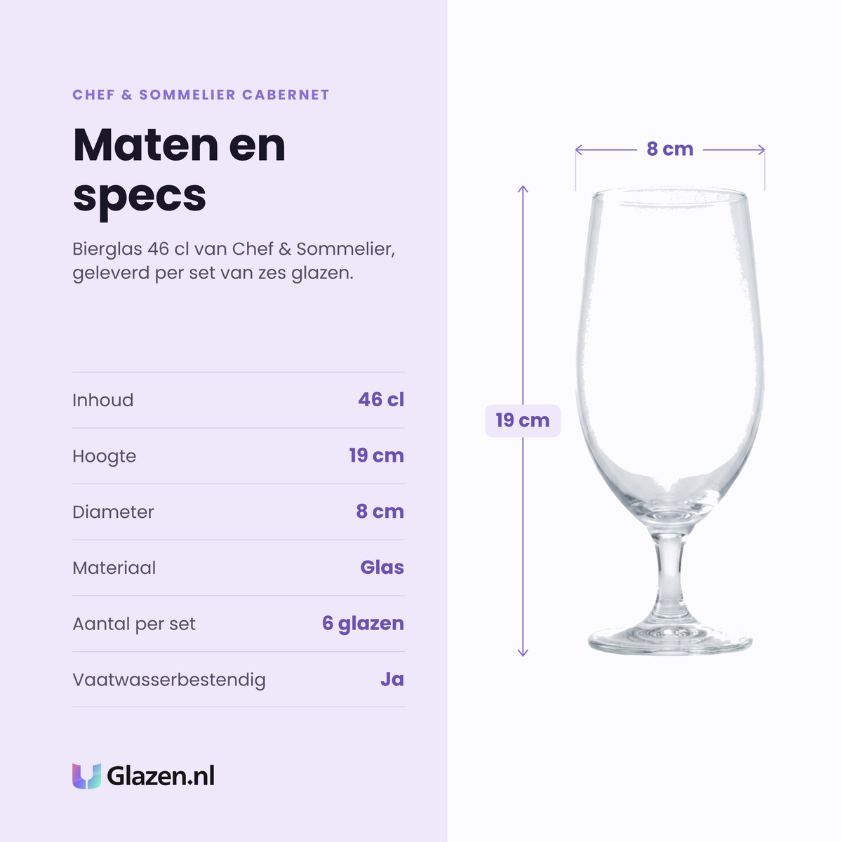 Chef & Sommelier Cabernet bierglas 46 cl specificaties: inhoud 46 cl, hoogte 19 cm, diameter 8 cm, glas, set van 6