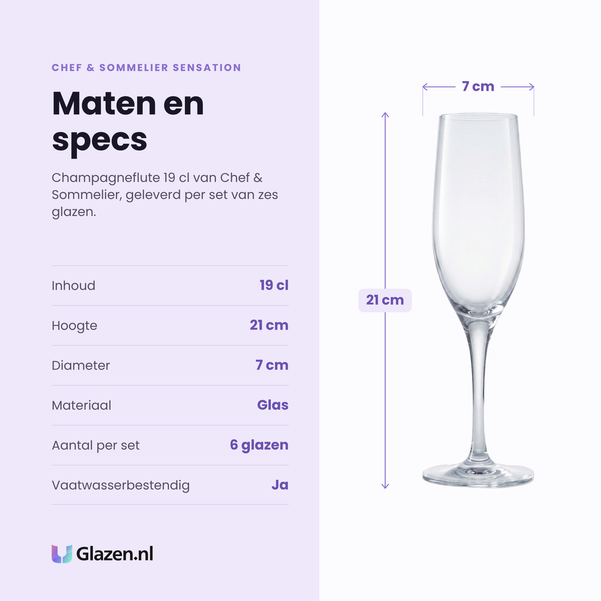 Chef & Sommelier Sensation champagneflute 19 cl specificaties: inhoud 19 cl, hoogte 21 cm, diameter 7 cm, glas, set van 6