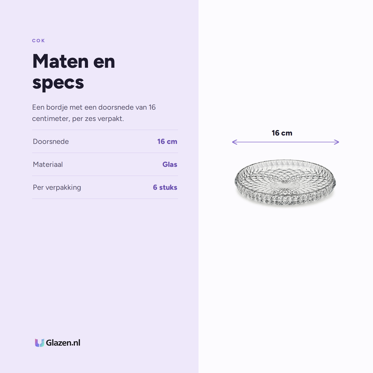 Maten en specificaties van het COK Luz glazen bord 16 cm