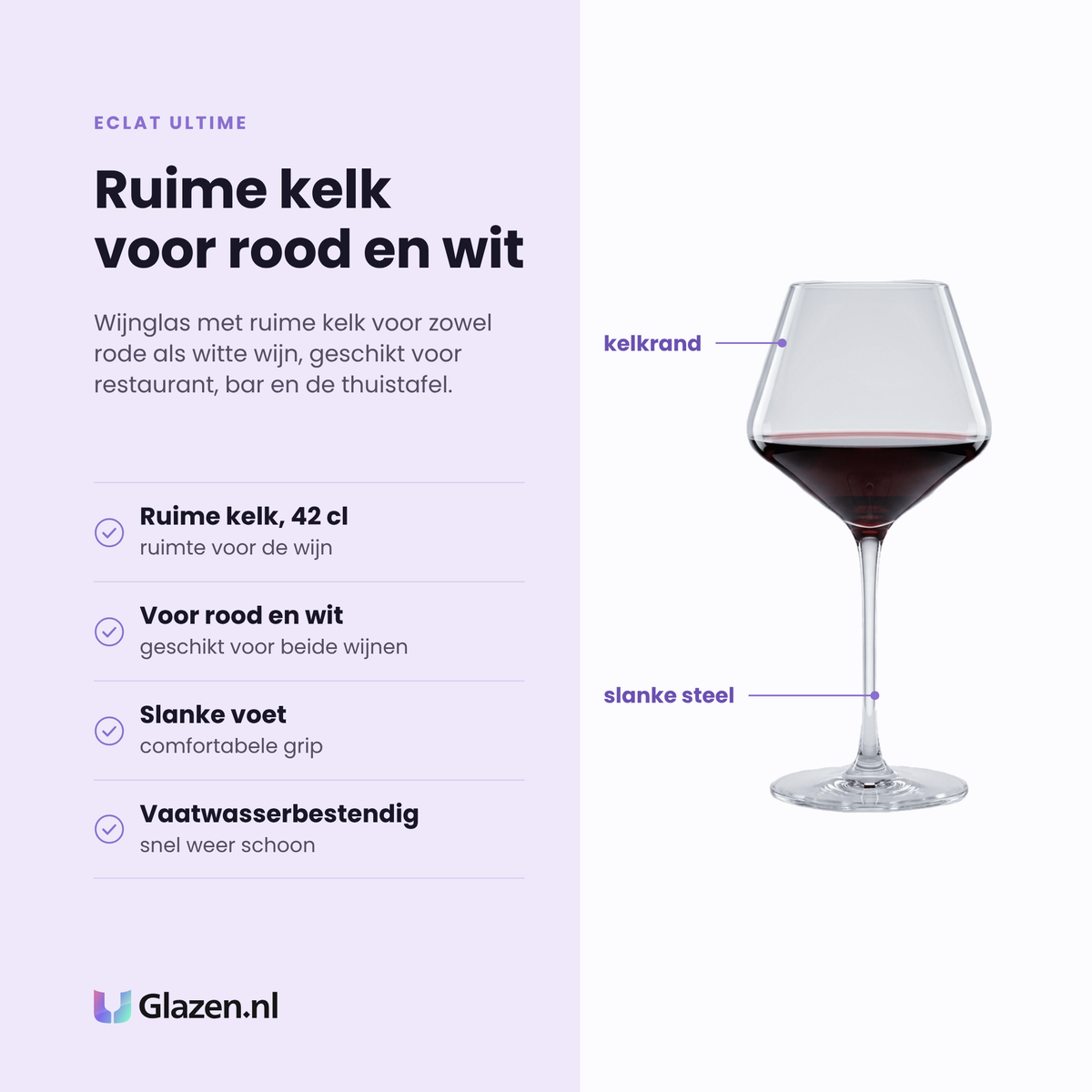 Eclat Ultime wijnglas 42 cl eigenschappen: ruime kelk van 42 cl, geschikt voor rood en wit, slanke voet met comfortabele grip, vaatwasserbestendig