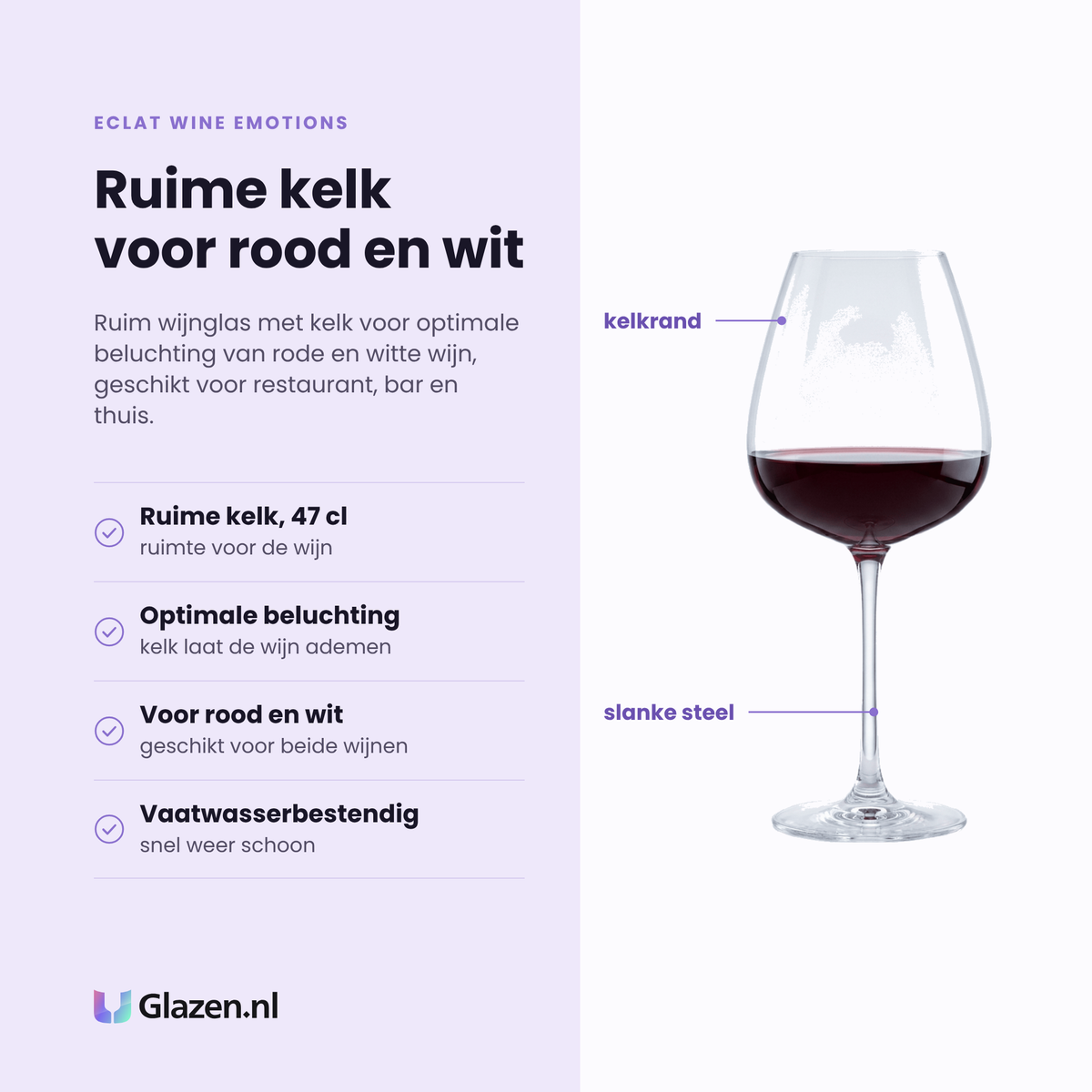 Eclat Wine Emotions wijnglas 47 cl eigenschappen: ruime kelk van 47 cl, kelk voor optimale beluchting, geschikt voor rood en wit, vaatwasserbestendig