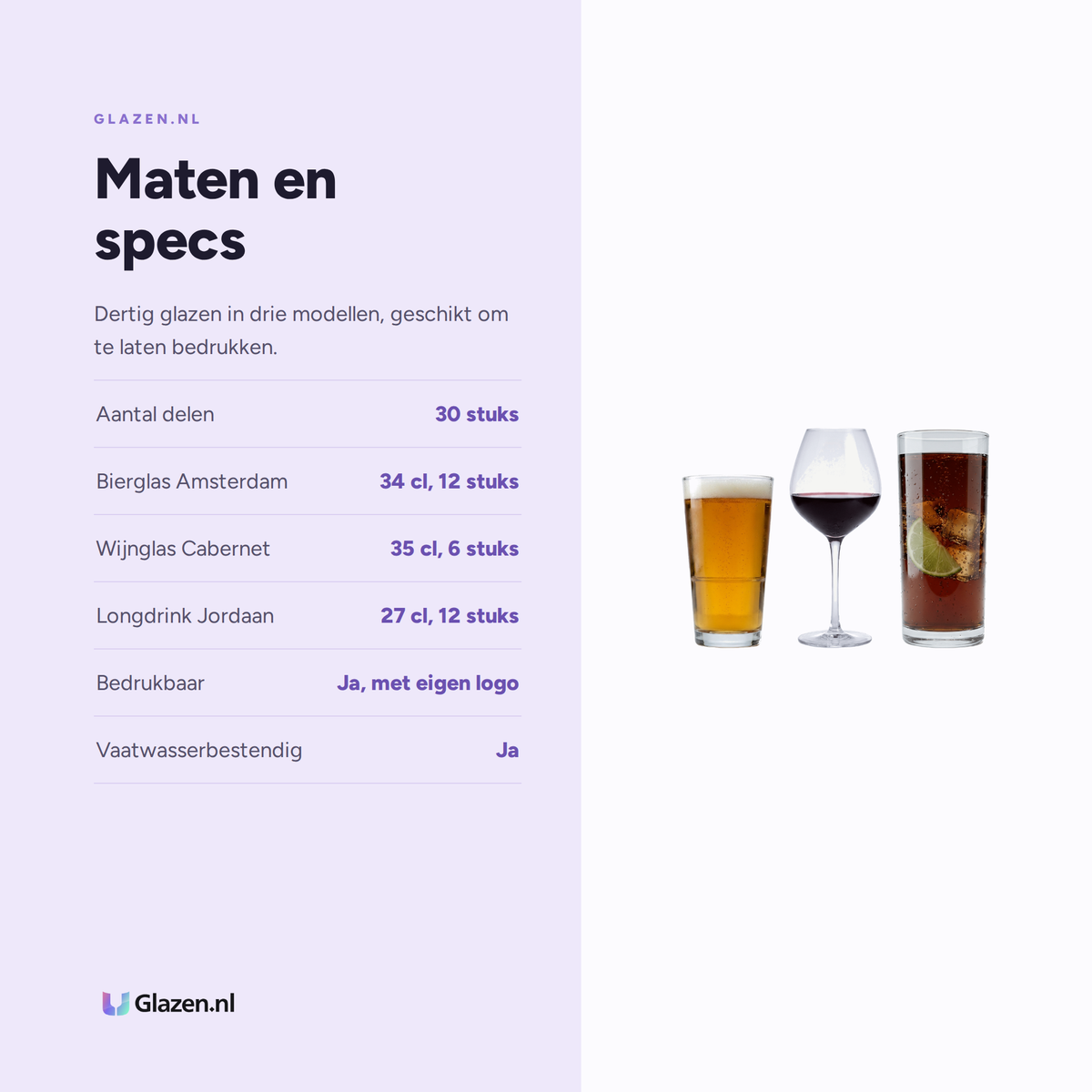 Maten en specificaties van de Horeca Starterbox 30-Delig (Vaasjes, Wijn & Longdrink)