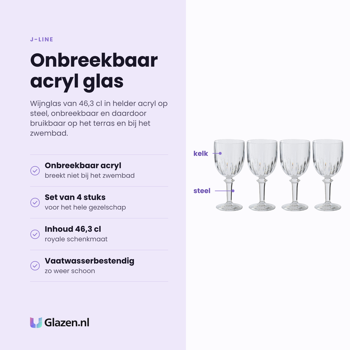 J-Line wijnglas 46,3 cl acryl eigenschappen: onbreekbaar acryl, set van 4 stuks, inhoud 46,3 cl, vaatwasserbestendig