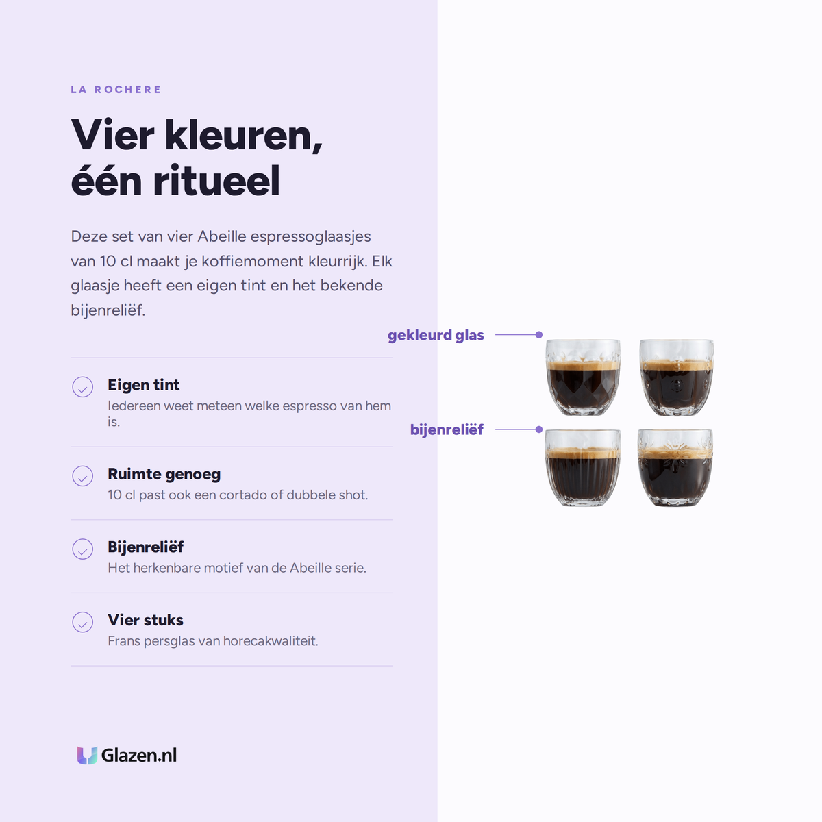 Eigenschappen van het La Rochère Abeille Espressoglas 10 cl Assorti, 4 Stuks