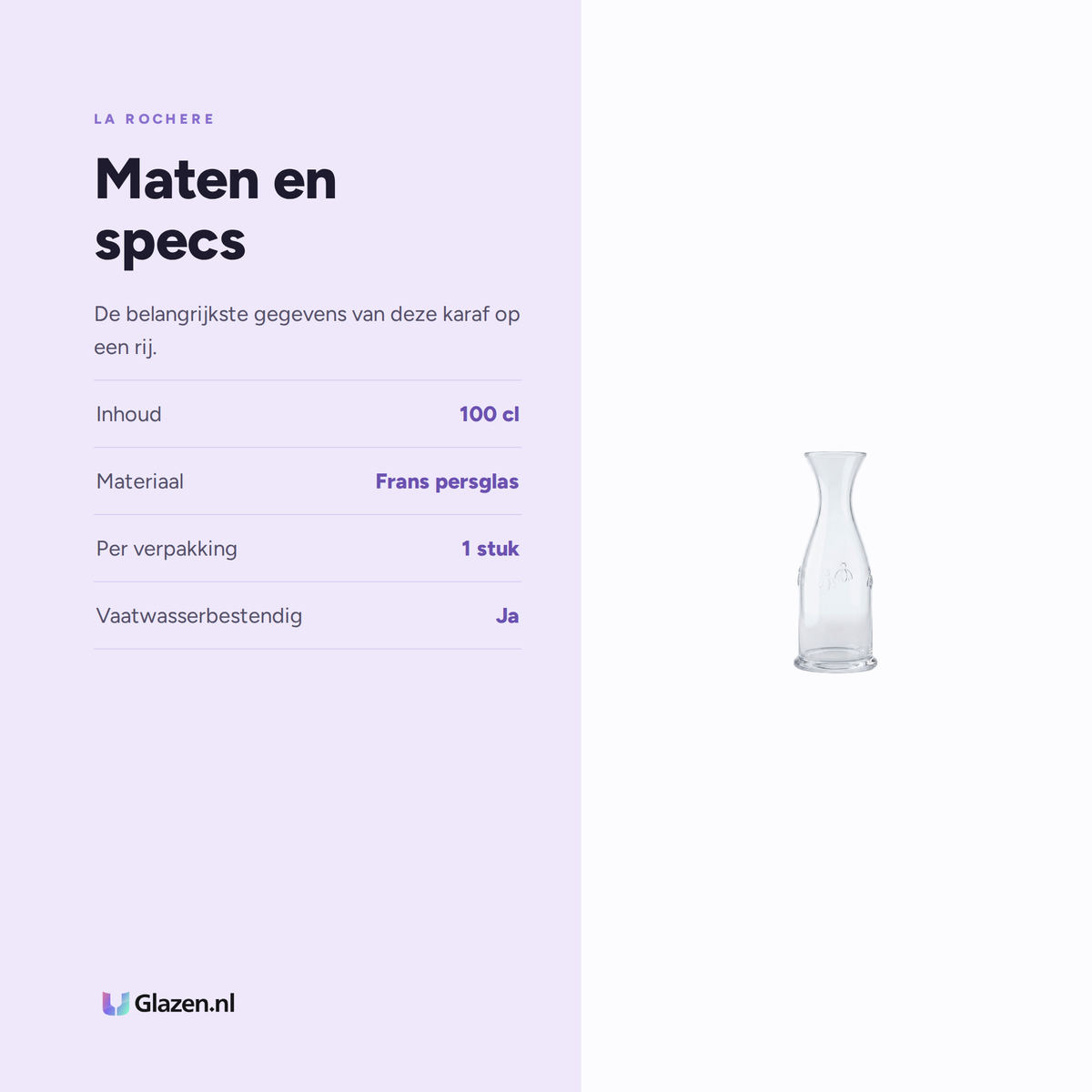 Maten en specs van de La Rochère Abeille Karaf 1 Liter Hand Gemaakt