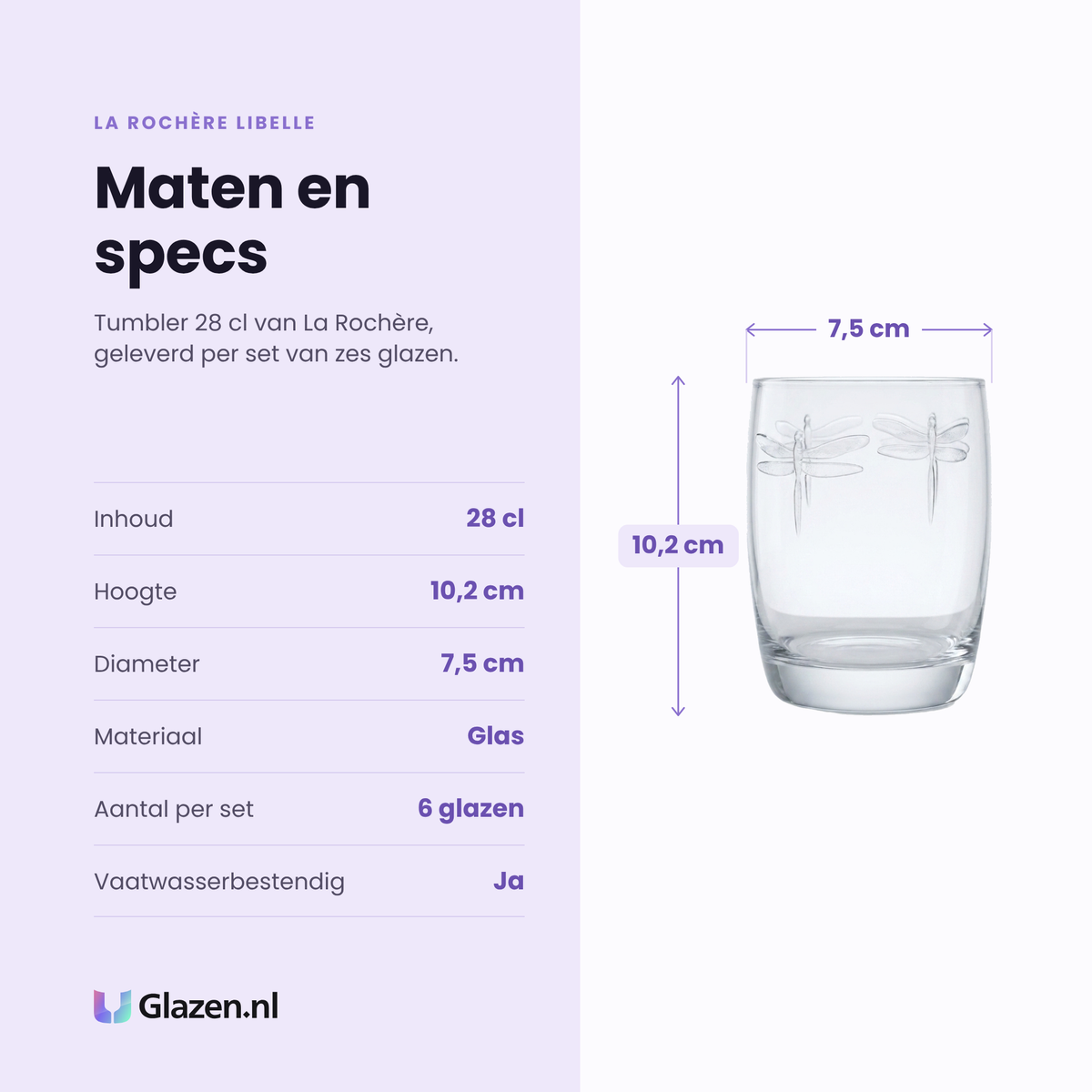 La Rochère Libelle tumbler 28 cl specificaties: inhoud 28 cl, hoogte 10,2 cm, diameter 7,5 cm, glas, set van 6