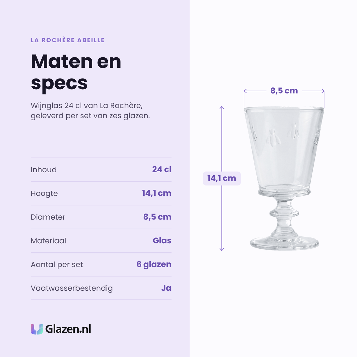 La Rochère Abeille wijnglas 24 cl specificaties: inhoud 24 cl, hoogte 14,1 cm, diameter 8,5 cm, glas, set van 6