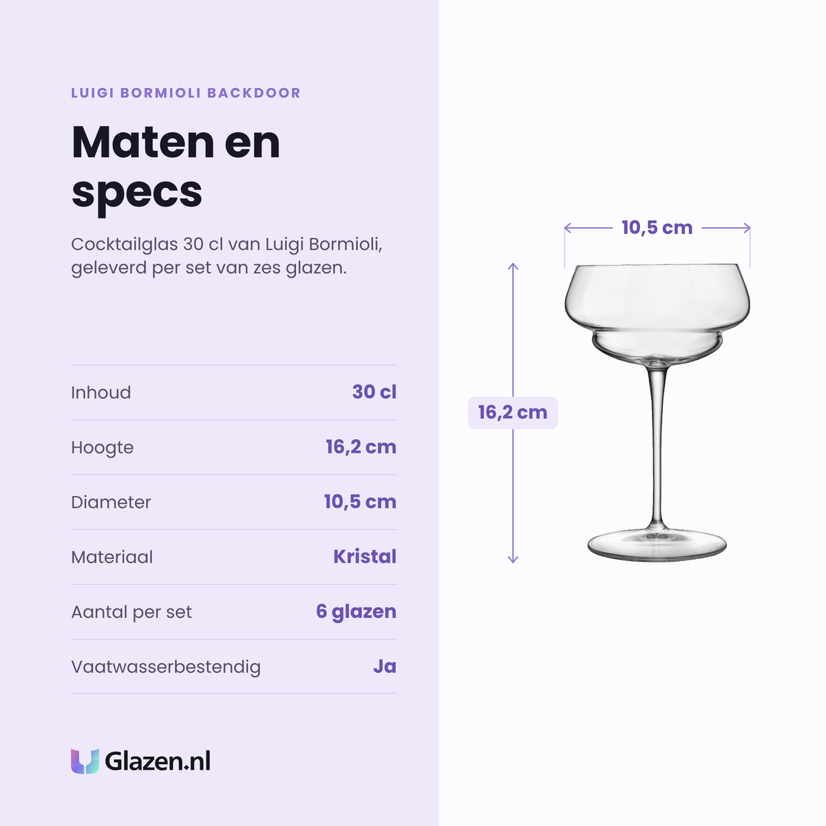 Luigi Bormioli Backdoor cocktailglas 30 cl specificaties: inhoud 30 cl, hoogte 16,2 cm, diameter 10,5 cm, kristal, set van 6