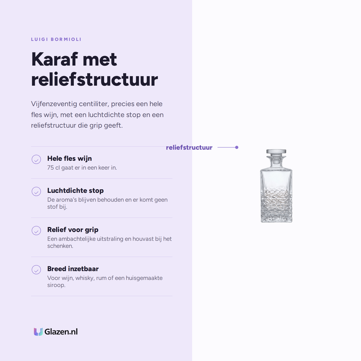 Eigenschappen van de Luigi Bormioli Mixology Decanteerkaraf Textures 75 Cl Met Luchtdichte Stop