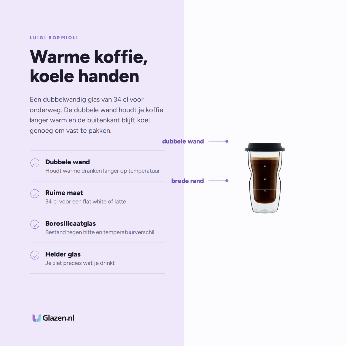 Luigi Bormioli Thermic Glass Coffee On The Go 34 Cl Small eigenschappen: dubbele wand, ruime maat, borosilicaatglas, helder glas