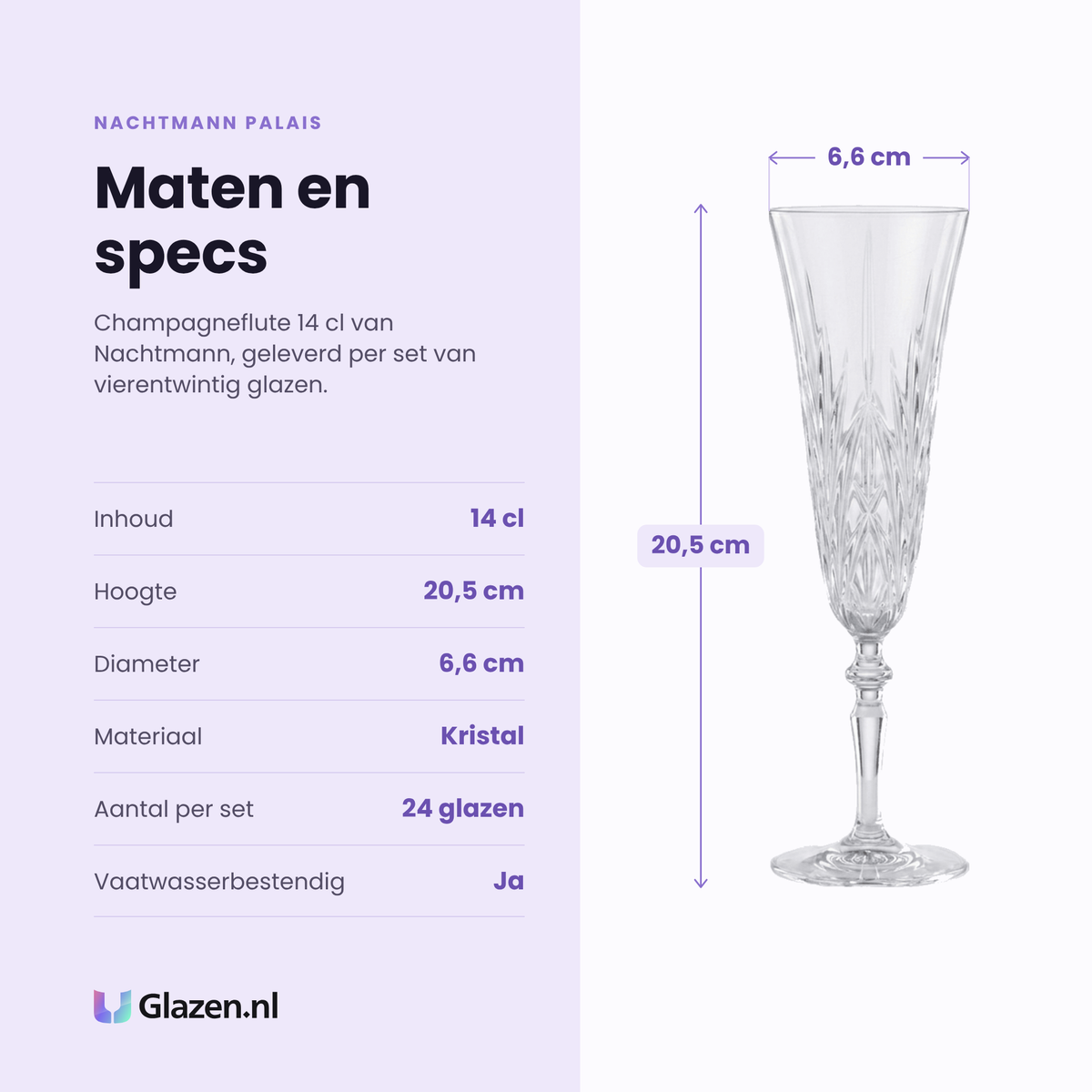 Nachtmann Palais champagneflute 14 cl specificaties: inhoud 14 cl, hoogte 20,5 cm, diameter 6,6 cm, kristal, set van 24