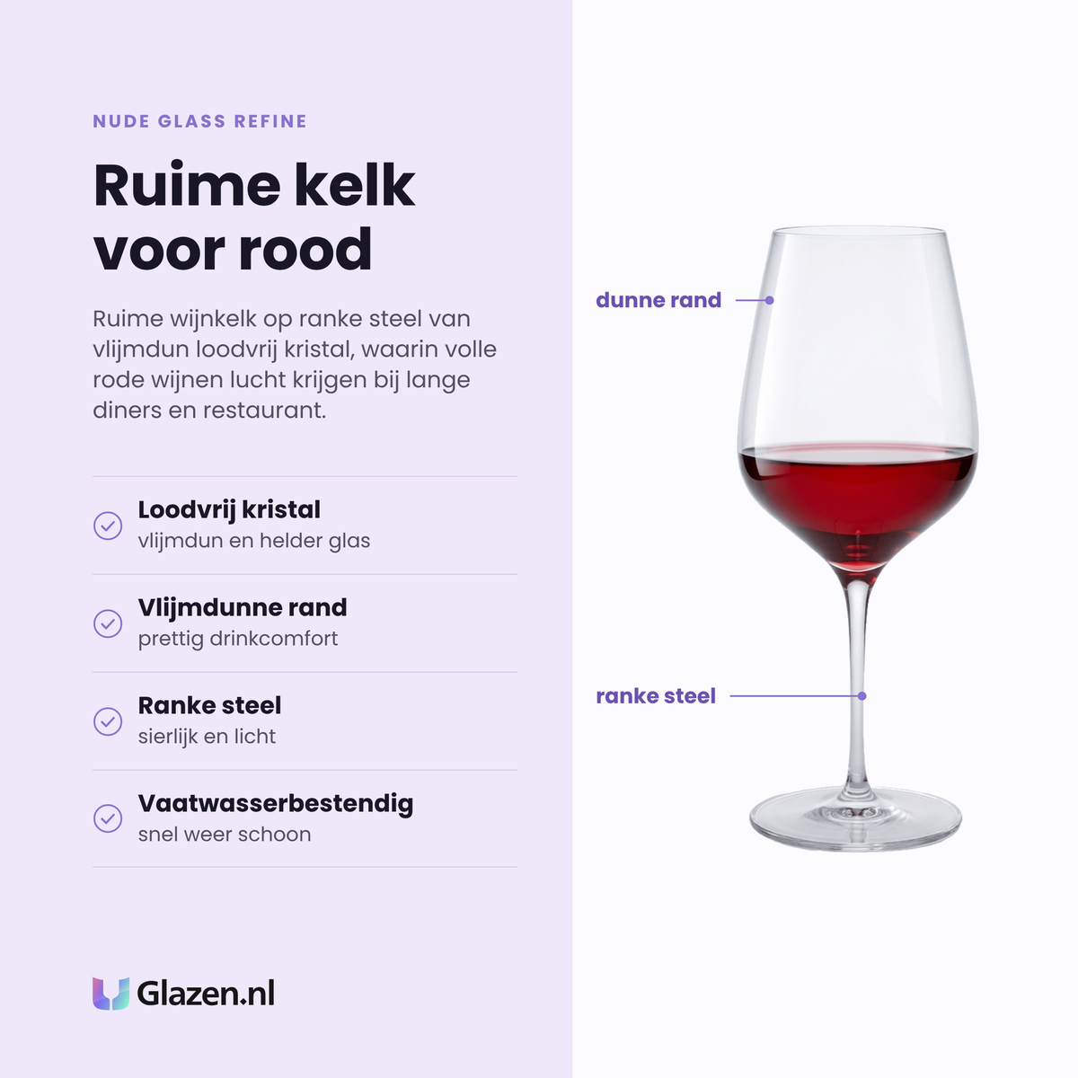 Nude Glass Refine wijnglas 61 cl eigenschappen: loodvrij kristalglas, vlijmdunne rand, ranke steel, vaatwasserbestendig