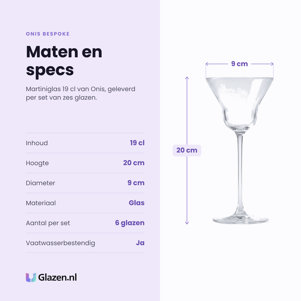 Onis Bespoke martiniglas 19 cl specificaties: inhoud 19 cl, hoogte 20 cm, diameter 9 cm, glas, set van 6