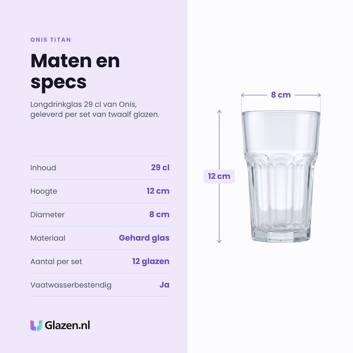 Onis Titan longdrinkglas 29 cl specificaties: inhoud 29 cl, hoogte 12 cm, diameter 8 cm, gehard glas, set van 12