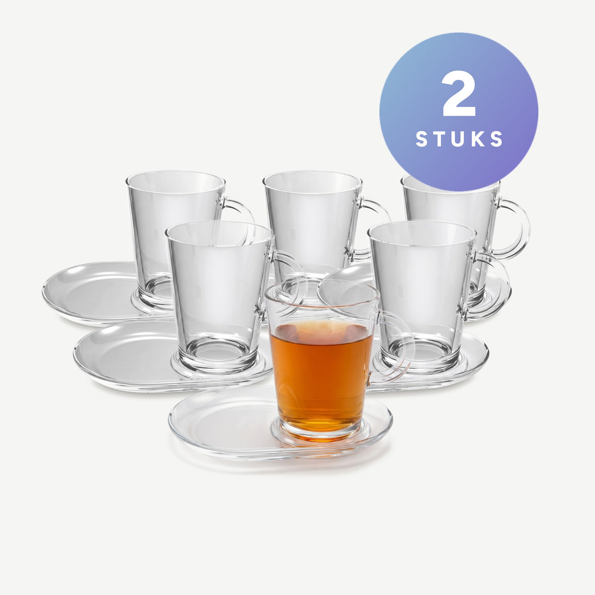 Set van 2 stuks Pasabahce Tribeca Theeglas 40 Cl En Schotel Ovaal13X18,5 - 2 Stuks op een gebroken witte achtergrond