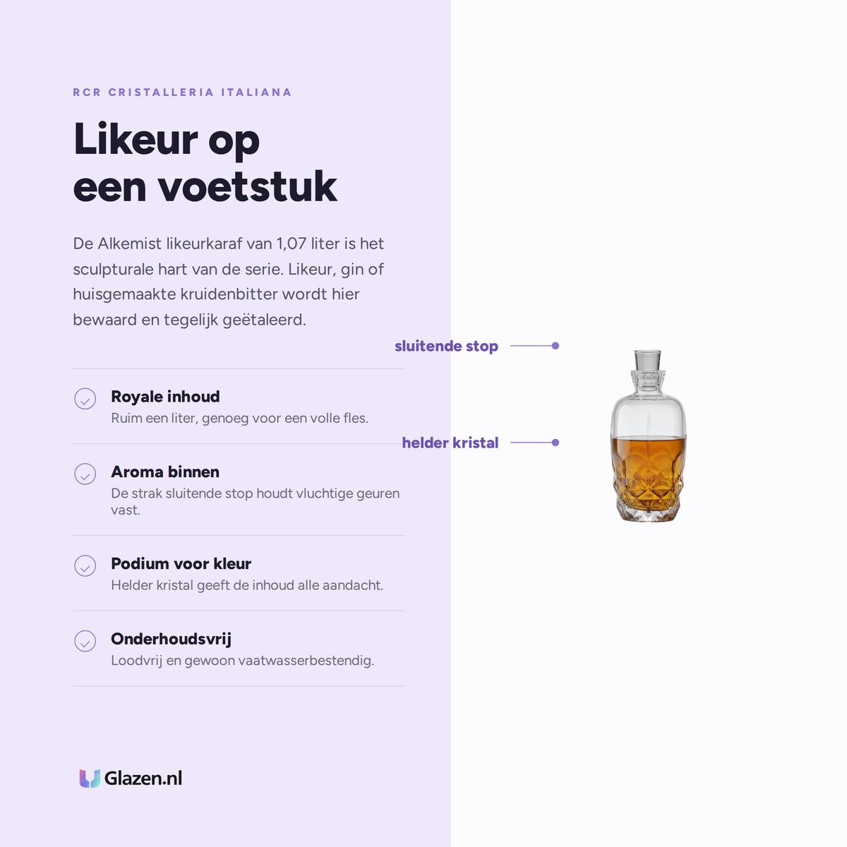 Eigenschappen van de RCR Alkemist Likeurkaraf 107 Cl