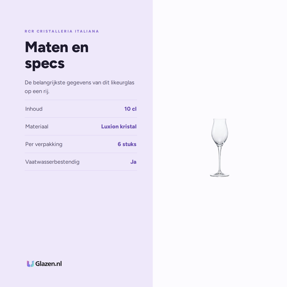 Maten en specs van de RCR Invino Likeurglas 10 Cl, 6 Stuks