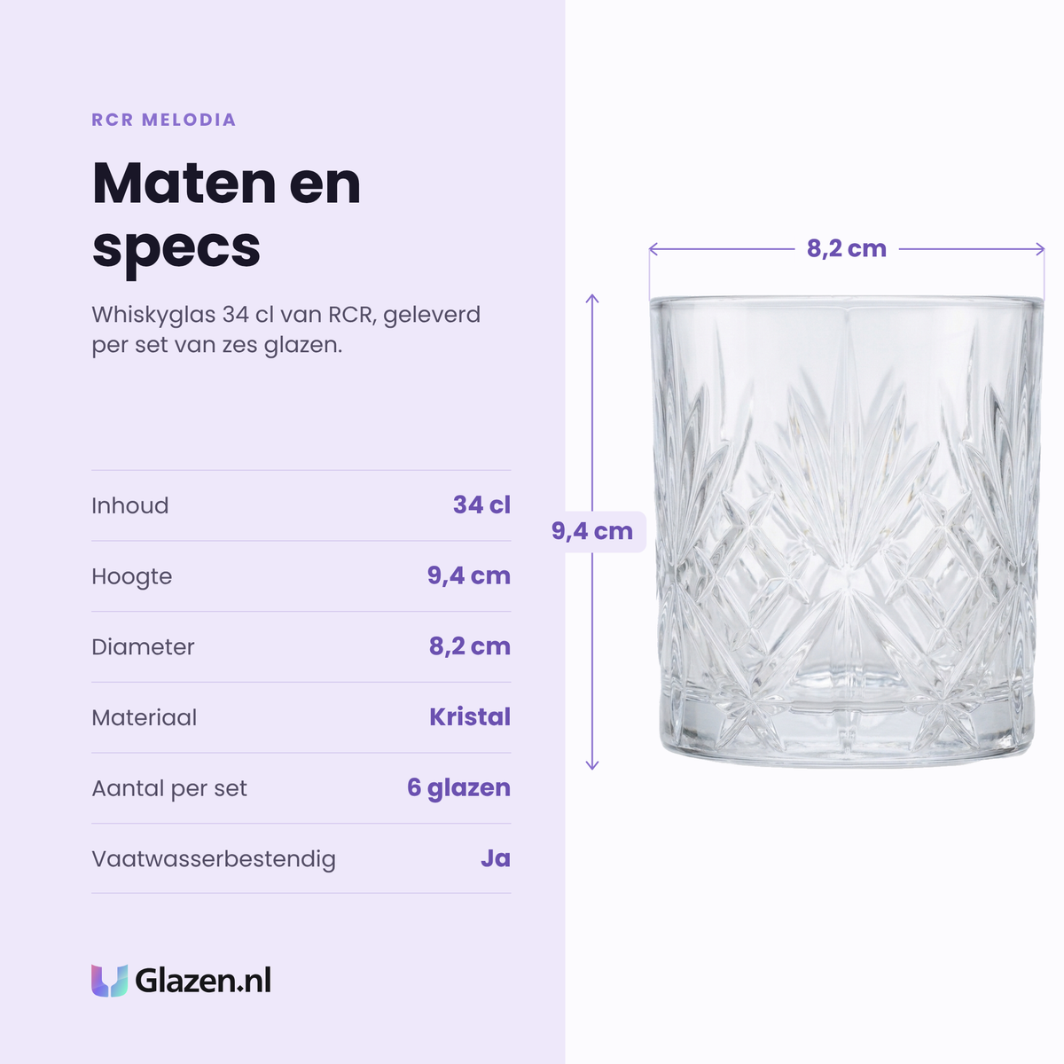 RCR Melodia whiskyglas 34 cl specificaties: inhoud 34 cl, hoogte 9,4 cm, diameter 8,2 cm, kristal, set van 6