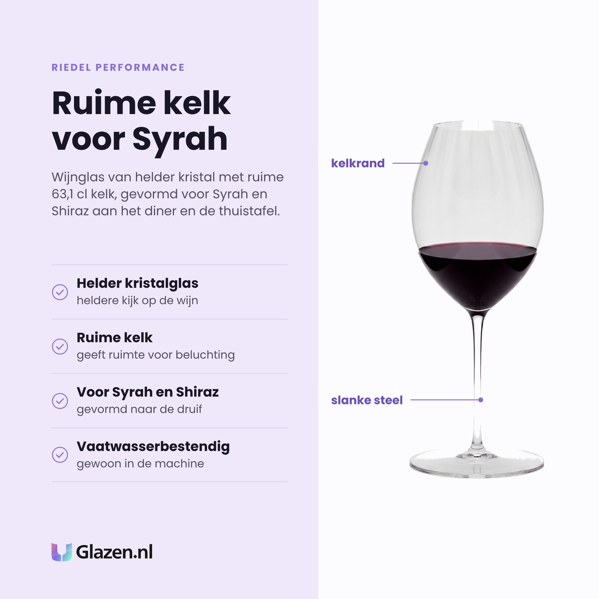 Riedel Performance wijnglas 63,1 cl eigenschappen: helder kristalglas, ruime kelk voor beluchting, gevormd voor syrah en shiraz, vaatwasserbestendig