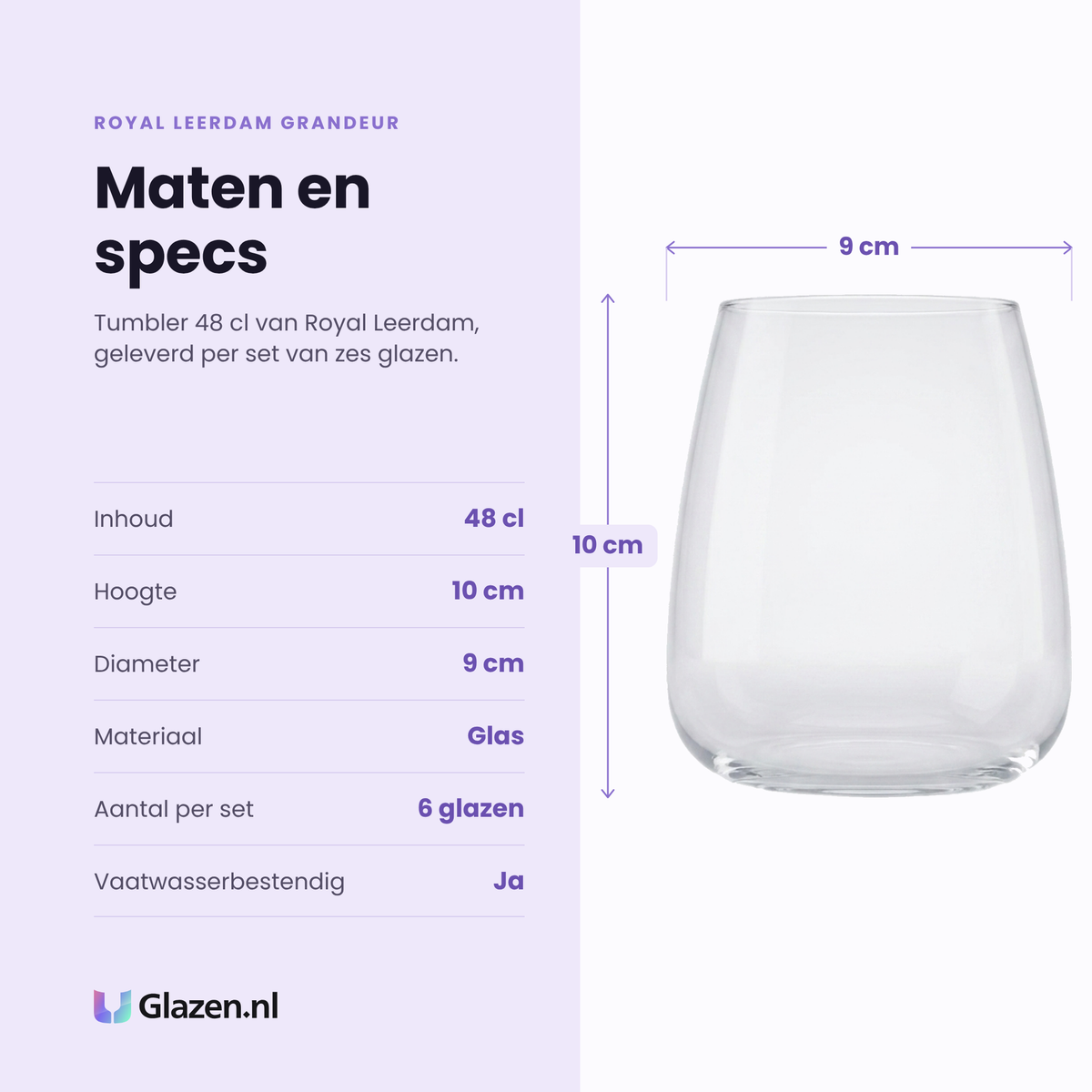 Royal Leerdam Grandeur tumbler 48 cl specificaties: inhoud 48 cl, hoogte 10 cm, diameter 9 cm, glas, set van 6