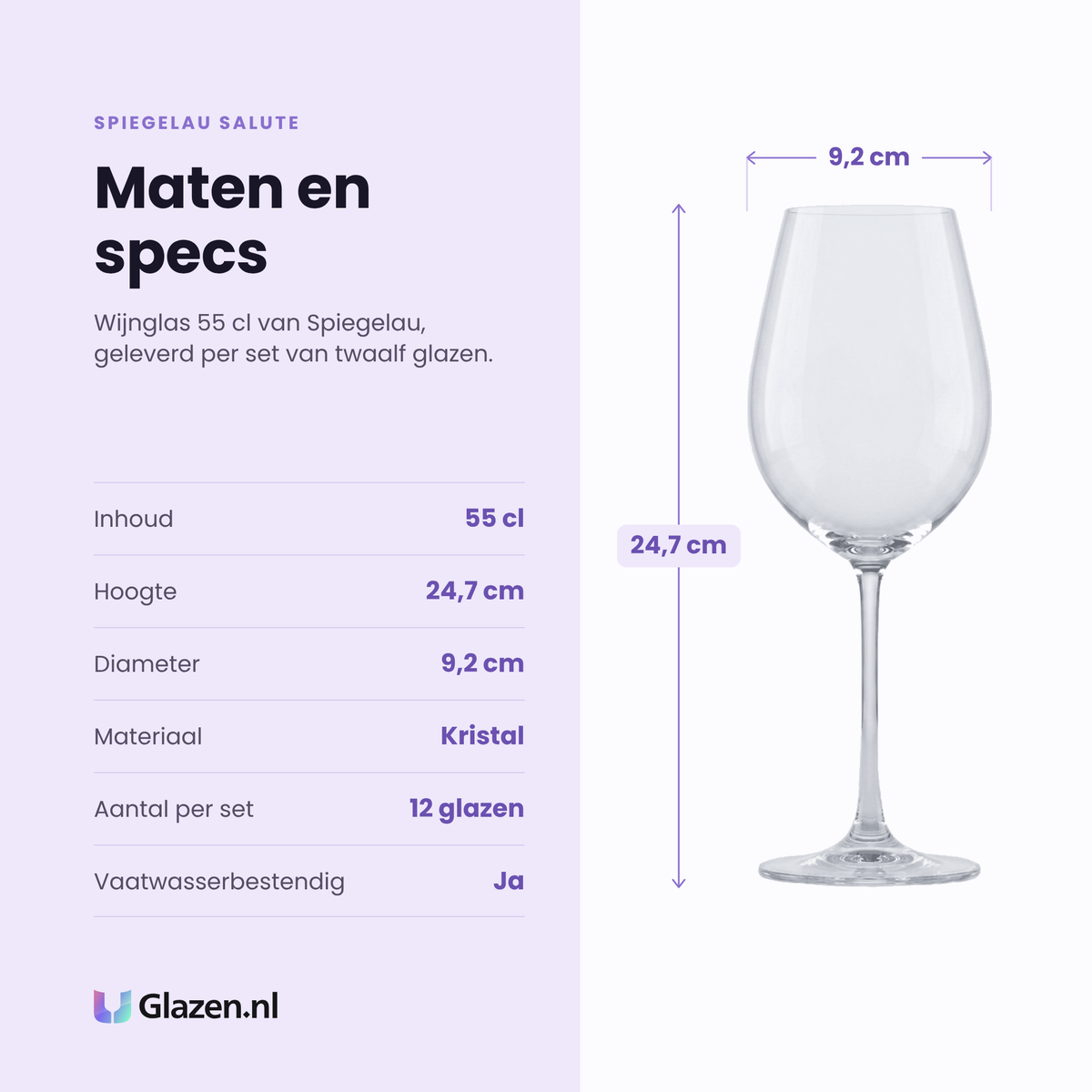 Spiegelau Salute wijnglas 55 cl specificaties: inhoud 55 cl, hoogte 24,7 cm, diameter 9,2 cm, kristalglas, set van 12