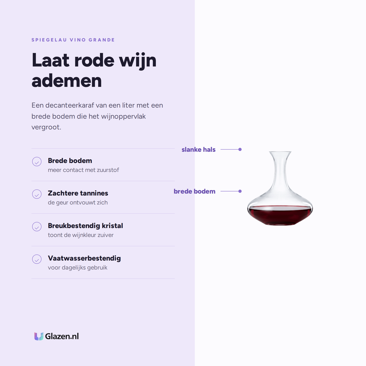 Spiegelau Vino Grande Decanteerkarafaraf 1 L eigenschappen: brede bodem, zachtere tannines, breukbestendig kristal, vaatwasserbestendig