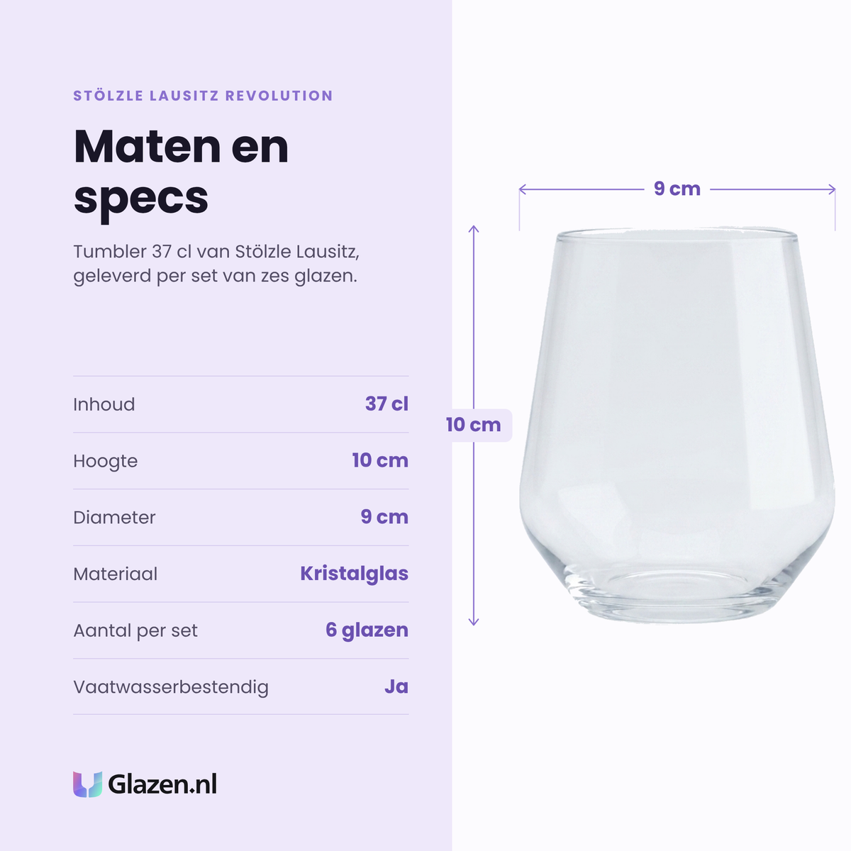 Stölzle Lausitz Revolution tumbler 37 cl specificaties: inhoud 37 cl, hoogte 10 cm, diameter 9 cm, kristalglas, set van 6