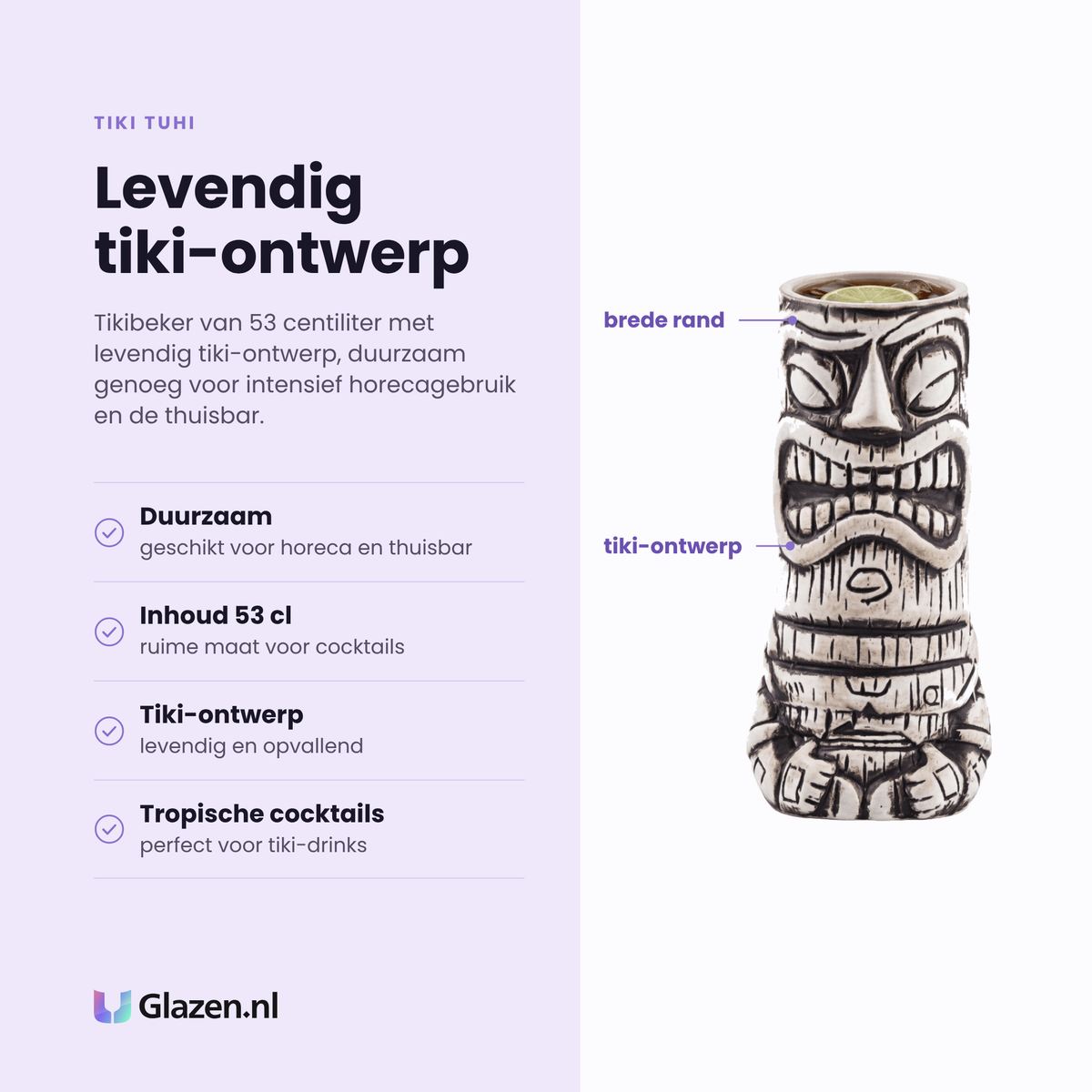 Tiki Tuhi tikibeker 53 cl eigenschappen: duurzaam, inhoud 53 cl, tiki-ontwerp, tropische cocktails