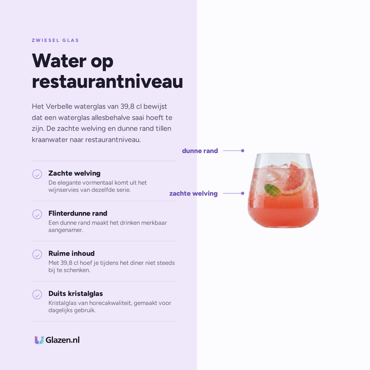 Infographic met de eigenschappen van Zwiesel Glas Verbelle Waterglas 39,8 cl - 6 Stuks